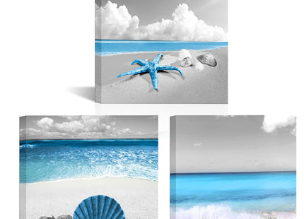 sechars Coastal Canvas Wall Art Seashell Starfish Pictures Prints Bathroom Seaside Painting Artwork Framed (Blue)