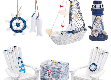 7 Pieces Wooden Box Wooden Lighthouse Mini Sailboat Anchor Fish Hanging Starfish Model Spring Summer Easter Tree Ornament Decoration Aquarium Decor Landscape Tank Ornament Office Mini Garden Landscape