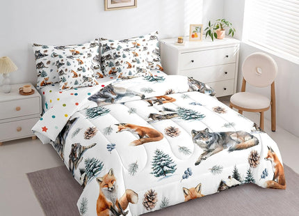 Erosebridal 7 Pcs Wolf Comforter Set Twin Size,Cute Fox Wildlife Bed in a Bag with Flat Sheet and Fitted Sheet for Kids Teens Adult,Rustic Cabin Lodge Bedding Set with Pillowcase and Sham Reversible