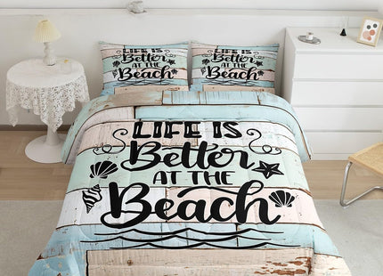 Summer Beach Comforter Set Twin Size,Starfish Shell Lake Life Bedding Set 2pcs for Kids Boys Girls Adults,Old Wooden Plank Rustic Cabin Down Comforter,Teal Beige Retro Duvet Insert,1 Pillowcase