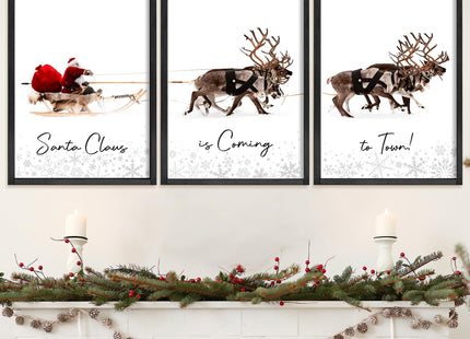 LITIVY Christmas Wall Art Prints - Set of 3 Santa Claus with Sleigh Deer for Home Decor - Xmas Sign - 12x16in - Black