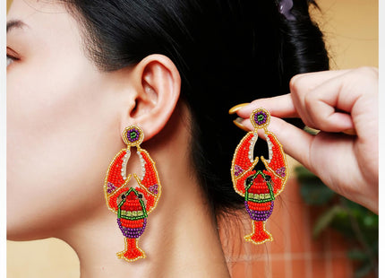 CALORVIA Bohemian Handmade Beaded Lobster Boho Beach Dangle Drop Earrings