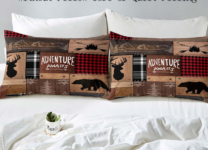 LUVIVIHOME 2PCS Cabin Rustic Bedding, Twin Duvet Cover, Black Bear Deer Woodland Animals Wildlife Hunting Lodge Quilt Brown Patchwork Red Plaid Comforter Cover, Country Farmhouse Bedding, 1 Pillowcase