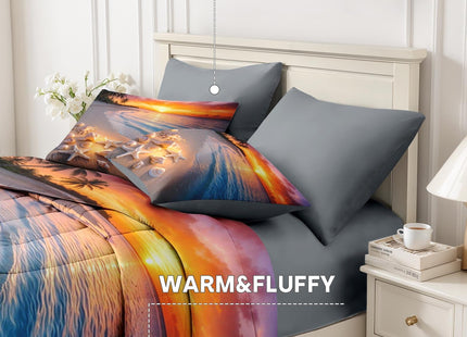 Nesker Queen Comforter Set with Sheets, 7 Pieces Beach Seashell Bedding