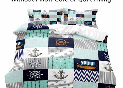 LUVIVIHOME 2PCS Nautical Bedding Set, Twin Duvet Cover, Navy Blue Mint Green Polka Dot Chevron Striped Plaid Anchor Rudder Sailboat Sea Ocean Marine Beach Coastal Comforter Quilt Cover, 1 Pillow Case