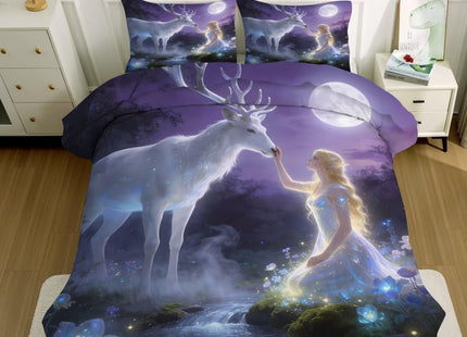 kxry Soft Easy Care Microfiber Bedding Sets Angel Girl and White Deer Forest Flower Comforter Set 2 Pieces of Moon Lightweight Quilt for Kids Teen Girls Twin Size