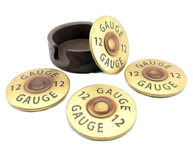 Bellaa Shotgun Shell Coasters 12 Gauge Set of 4 + 1 Pcs Holder Included, Buckshot Gun Solid Strong Heavy Duty Man Cave Bullet Rustic Decor Dining Drinks Bar Hunting Cabin Lodge Gifts