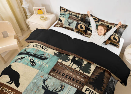 Hunting Woodland Animal Duvet Cover Full Rustic Fox Bear Deer Moose Bedding Set,Lake House Fishing Comforter Cover For Farmhouse Cabin Lodge,Countryside Wildlife Bed Set Brown Teal 2 Pillow Cases