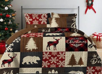 NIDITW 3-Piece Christmas Patchwork Quilt Set King Size Deer Bear Snowflake Pine Tree Brown Bedspread with 2 Pillow Shams Soft Lightweight Microfiber Bedding Set Coverlet Home Decor (New Brown, King)