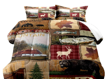 LUVIVIHOME 2PCS Cabin Comforter Set Twin Size, Bear Fish Deer Elk Moose Forest Animal Wildlife Hunting Fishing Red Buffalo Plaid Patchwork Quilt Country Lodge Rustic Farmhouse Bedding, 1 Pillow Sham