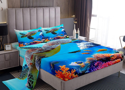 Manfei Sea Turtle Sheet Set Twin,Fish Ocean Animal Bedding for Kids Teens Room Decor,Marine Mediterranean Style Sea Blue Bed Sheet 3pcs with Deep Pocket Fitted Sheet + Flat Sheet + 1 Pillowcase