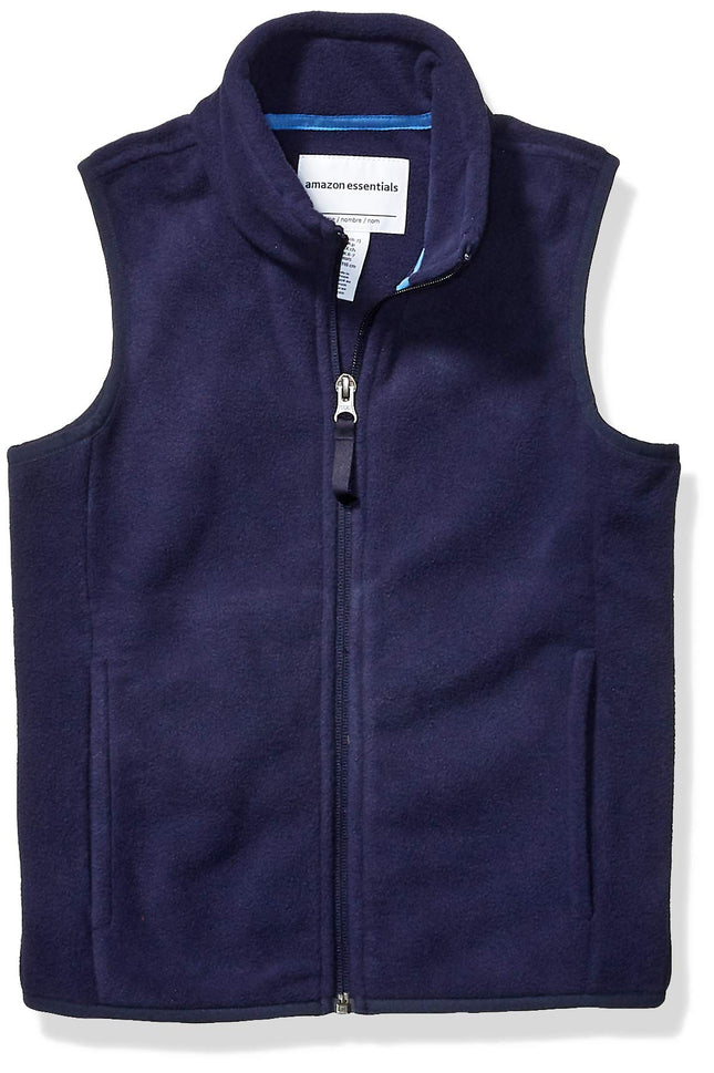 Amazon Essentials Boys' Polar Fleece Full-Zip Mock-Neck Vest, Navy, Large