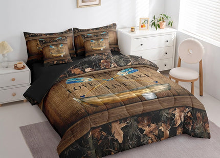 Erosebridal Lake House 7 Piece Comforter Set with Sheets Full Lake Paddle Boat Bedding Set Gifts for Men Women Kids,Rustic Cabin Camo Bed in A Bag Woodland Tree Branch Leaves Camouflage Bed Set
