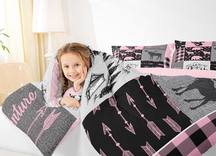 Christmas Rustic Camping Bedding Set For Boys, Hunting Elk Deer Comforter Set Full Buffalo Plaid Patchwork Duvet Insert Lodge Woodland Farmhouse Quilt For Kids Teens Adult Bedroom, Pink Black Grey