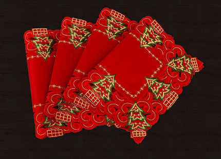Grelucgo Set of 4 Embroidered Christmas Holiday Holly Tree Table Placemats, Rectangular 12 x 18