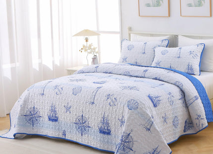Coastal Nautical Quilt Set, King Size Beach Coverlet Blue Watchtower Sailboat Compass Bedspread, Ocean Beach Themed Bed Cover Microfiber Soft Lightweight bedding sets for All Seasons (106"×92")