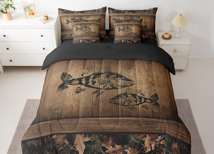 Erosebridal Camo Bass Fish 7 Piece Bed in A Bag Fishing Bass Big Fish Bedding Set Full Rustic Farmhouse Lake House Comforter Set for Boys Men,Retro Tree Camouflage Cabin Sheet Set with Comforter