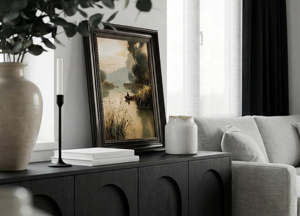 VIYYIEA Vintage Landscape Framed Wall Art, River Fishing Scene, 16x12