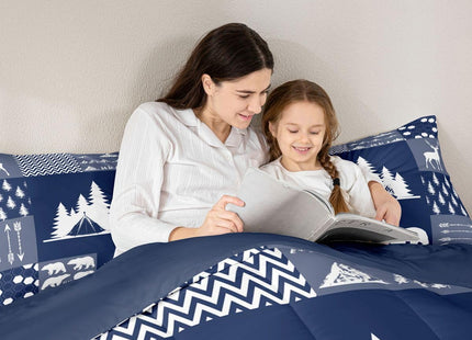 Erosebridal Camper Bedding Set Twin Rustic Farmhouse Camping Comforter Set,Bear Deer Woodland Animal Comforter for Kids Boys Girls,Patchwork Geometric Hexagon Arrow Decor Quilt Duvet Navy Blue 2 Pcs