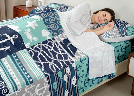 Ocean Nautical Sheet Sets Twin Size,Navy Blue Patchwork Plaid Stripes Bedding Set for Kids Teens Boys Bedroom Decor Anchor Rudder Print Bed Sheet Whale Octopus Sealife Fitted + Flat Sheet 3pcs