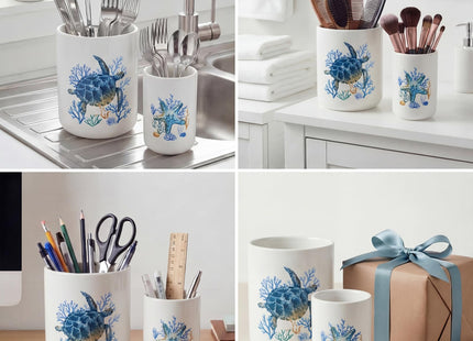 Bokon 2 Pack Ceramic Utensil Holder, Coastal Kitchen Crocks, Sea Turtle