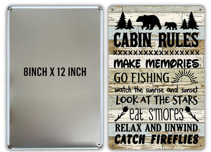 QIONGQI Funny Cabin Rules Metal Tin Sign Wall Art Decor, Farmhouse Wooden Style Cabin Sign for Home Decor Gifts