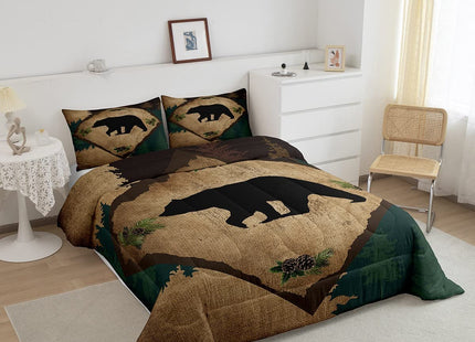 Homewish Lodge Cabin Comforter Set King Size 3 Pcs Wild Bear Retro Grid Rustic Style Comforter for Kids Teens Adults Outdoor Animal Pine Trees Silhouette Bedding Set with 2 Pillowcases+1 Comforter