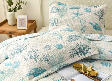 Oliven Reversible Coastal Beach Theme Quilt Set Queen/Full Size Ocean Coral Bedding Seaweed Bedspread Ocean Life Blue Green White Shell Starfish Coverlet Summer Lightweight Beach Daybed Sets