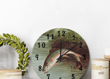 ArogGeld Rainbow Trout Fish Wall Clock Rod Inn FishingWall Clocks Battery Operated 15 Inch Quiet Non-Ticking Farmhouse Hanging Clock Modern Wall Decor for Living Room Kitchen Bedroom Office