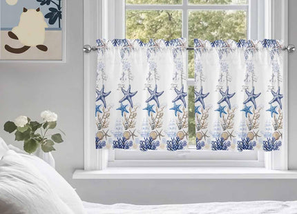Ocean Beach Starfish Kitchen Curtain 24 Inch Length Small Short Cafe Tiers Drape, Blue Coastal Coral Shell Nautical Boat Window Treatment Rod Pocket Bathroom Bedroom Drapery Panels Curtains, 55x24