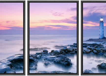 wall26 3 Piece Framed Canvas Wall Art - Lighthouse - Modern Home Art Stretched and Framed Ready to Hang - 16"x24"x3 Black