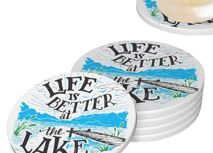 Life is Better Lake Coasters for Drinks Set of 4, Absorbent Ceramic Drink Coasters for Coffee Table Wooden Table Cup Bar, 4 Inches