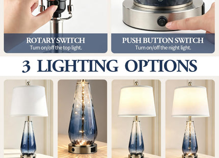 27'' Blue Table Lamps Set of 2, Large Glass Lamps, Modern Coastal Lamps