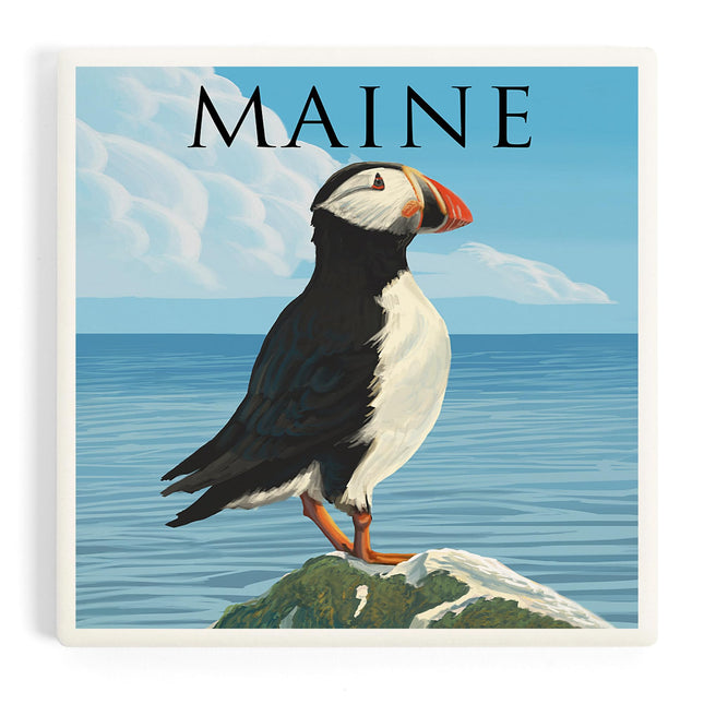 Lantern Press Maine, Puffin on Rock Scene (Absorbent Ceramic Coaster, Single, Cork Back, Kitchen Table Decor)