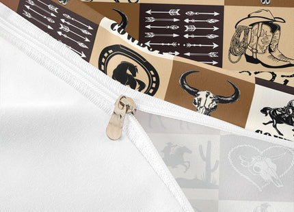 Western Cowboy Duvet Cover Queen Size,Deer Cow Arrow Comforter Cover with 2 Pillowcase for Teens,Kids Country Style Bedding Set,Brown Geometric Grid Breathable 3 Pcs Decorative Bed Cover(No Comforter)
