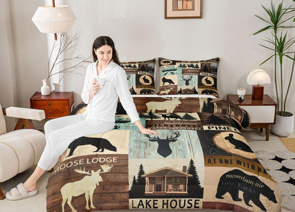 Hunting Woodland Animal Comforter Set Twin Rustic Fox Bear Deer Moose Bedding Set,Lake House Fishing Comforter For Farmhouse Cabin Lodge,Countryside Wildlife Quilt Duvet Brown Teal 1 Pillow Case