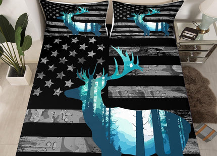 Erosebridal Deer Hunting Sheet Set Twin American Flag Sheets for Boys Teens Youth, Antlers Animal Printed Bed Sheets Set Western Wildlife Theme Top Sheet Fitted Sheet with 1 Pillowcase, 3 Pcs