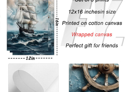 Vintage Nautical Wall Art Set of 3, Sailboat Art Prints, Framed, 16x12 in