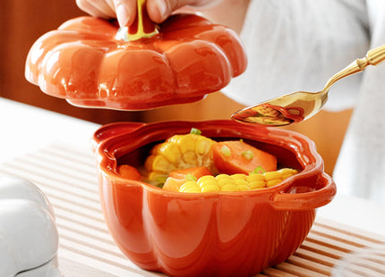 FTNESGYM Pumpkin Soup Bowl, 15.2oz Ceramic Halloween Pumpkin Bowl with Lid