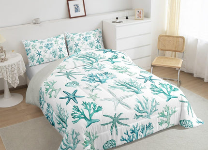 Erosebridal Shell Coral Starfish Comforter Set, Summer Coastal Twin Bedding Set, Beach Nautical Comforter for Kids Boys Girls Teens Adults Bedroom Decor, Ocean Life Quilt 2 Piece