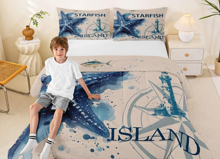 Feelyou Kids Starfish Beach Comforter Set Coastal Beach Ocean Bedding Set for Boys Teens Decor Teal Blue Comforter Ocean Marine Duvet Set Bedroom 3Pcs with 2 Pillow Case King Size