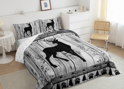 Castle Fairy Deer Bedding Set Twin Size,Rustic Farmhouse Wood Board Comforter Set 2Pcs,Wildlife Hunting Quilt Set for Kids Teens Adult Room Decor,Grey Black Bear Pine Print Duvet Insert,1 Pillowcase