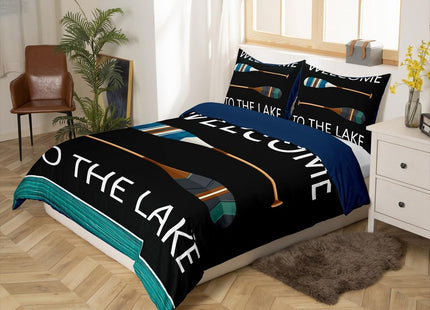 Lake Theme Duvet Cover Queen Size,Lake Paddles Comforter Cover with 2 Pillowcase for Teens Adults,Kids Rustic Wooden Barn Bedding Set,Navy and Green Breathable 3 Pcs Decorative Bed Cover(No Comforter)