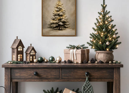 VIYYIEA Vintage Framed Christmas Wall Art, Snowy Pine Tree Winter Print