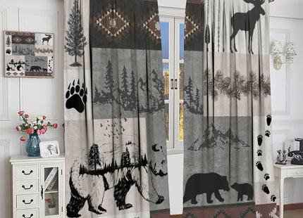 Rustic Bear Moose Deer Curtains, Retro Pine Tree Cabin Country Lodge Camping Window Treatments Vintage Tribal Aztec Abstract Geometric Blackout Window Drapes for Bedroom Living Room 42x45in