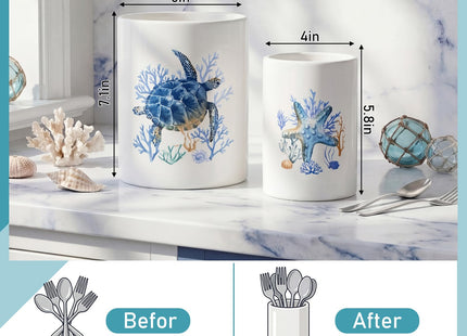 Bokon 2 Pack Ceramic Utensil Holder, Coastal Kitchen Crocks, Sea Turtle