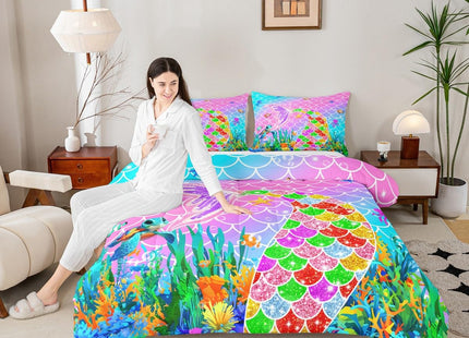 Feelyou Mermaid Comforter Set Toddler Size Ocean Fish Scales Bedding Set for Kids Boys Girls Rainbow Duvet Quilt Nautical Sea Animal Bedroom Decor Underwater Theme 2 Pcs with 1 Pillow Cases