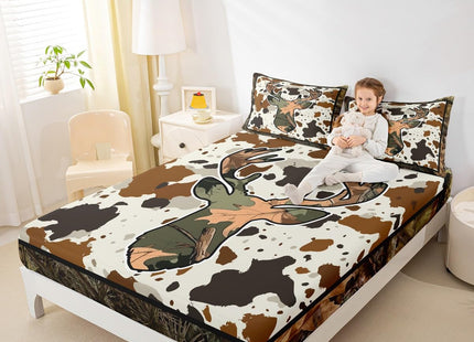 Erosebridal Deer Cow Print Bed Sheets Rustic Trees Branches Leaves Camo Bed Sheet Set Twin Camouflage Hunting Theme Fitted Sheet Rustic Farmhouse Flat Sheet Soft Breathable 1 Pillow Case