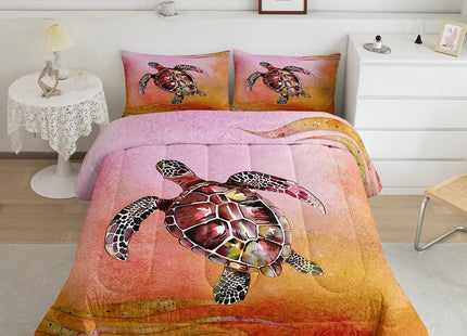 Sea Turtle Kids Ombre Gradient Bedding Set, Girls Tortoise Reptile Duvet Set with Geometric Stripes, Pastel Marine Life Quilted Comforter, Queen
