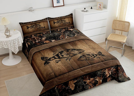 Erosebridal Camo Bass Fish Bedding Comforter Sets Fishing Bass Big Fish Bedding Set Queen Rustic Farmhouse Lake House Comforter Set for Boys Men Fisherman,Retro Tree Camouflage Cabin Quilt Set
